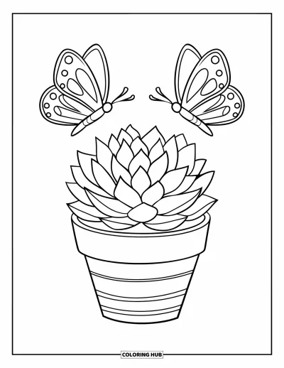 Coloriage de succulentes pour enfants : Une petite succulente dans un pot rayé est placée sous deux papillons flottants