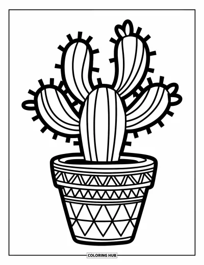 Coloriage de succulentes pour enfants : Un cactus épineux avec des caractéristiques audacieuses est assis dans un pot avec des décorations simples