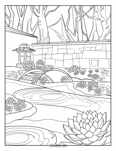 Coloriage de succulentes pour enfants : Un jardin zen aux murs de pierre avec des succulentes, une lanterne en bois et des arbres avec des branches épaisses
