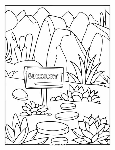 Coloriage de succulentes pour enfants : Un jardin de succulentes parsemé de pierres dans un paysage rocheux avec des montagnes au loin