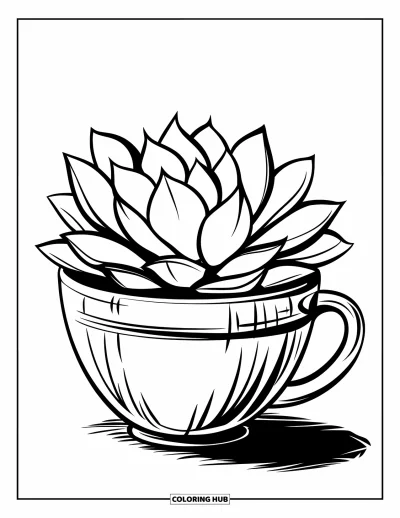 Coloriage de succulentes pour enfants : Une succulente pousse dans une tasse douillette, posée soigneusement sur une table lisse