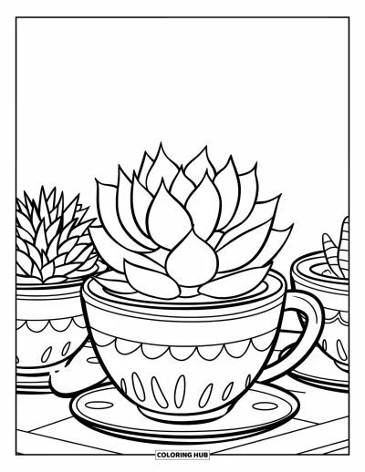 Coloriage de succulentes pour enfants : Une succulente dans une tasse avec des gouttelettes d’eau est assise à côté d’autres plantes
