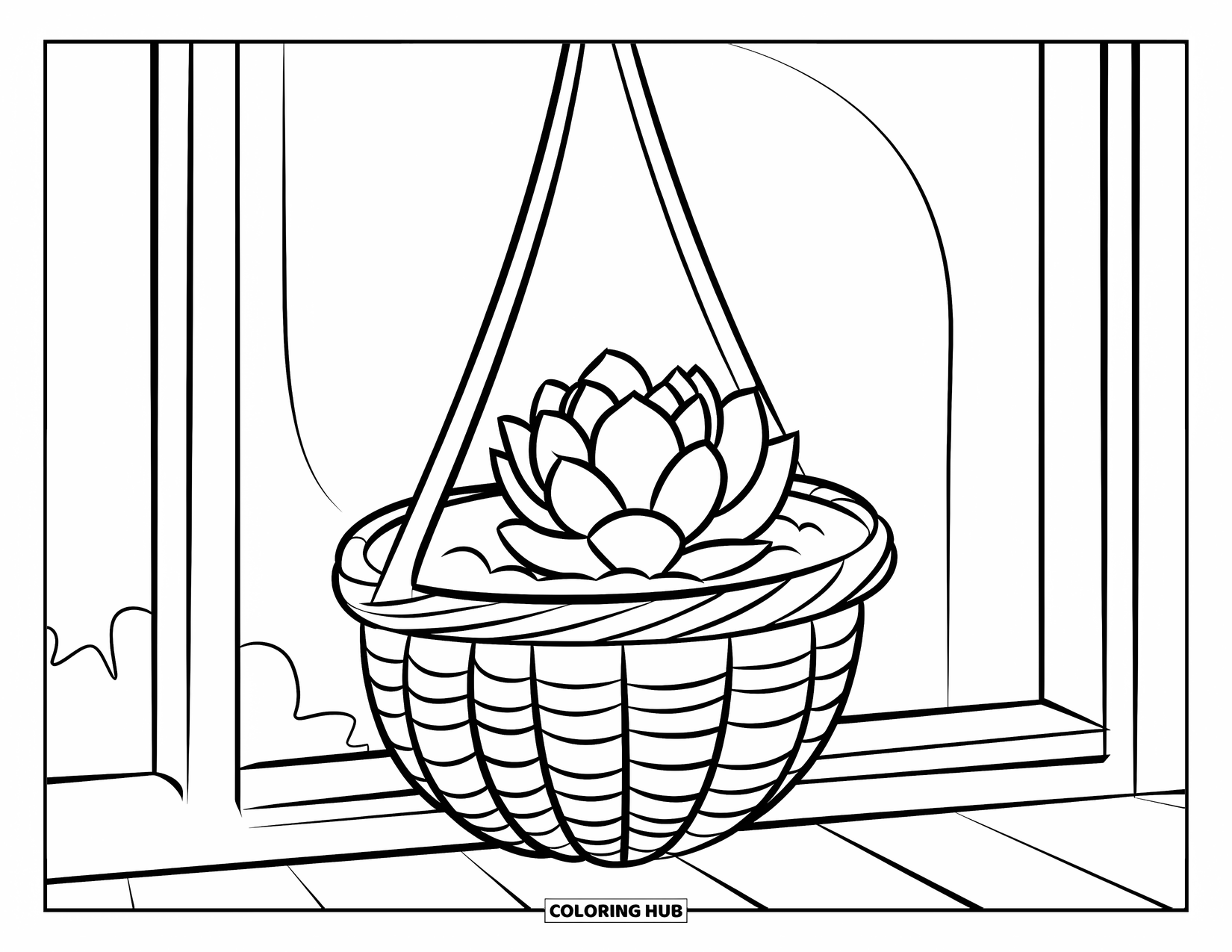 Vetplant Kleurplaat voor Kinderen: Een vetplant in een geweven mand hangt aan een houten paal in een eenvoudige presentatie