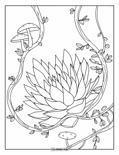 Coloriage de succulentes pour enfants : Une plante succulente s’entrelace avec des vignes bouclées et de minuscules champignons dans une scène botanique fantaisiste