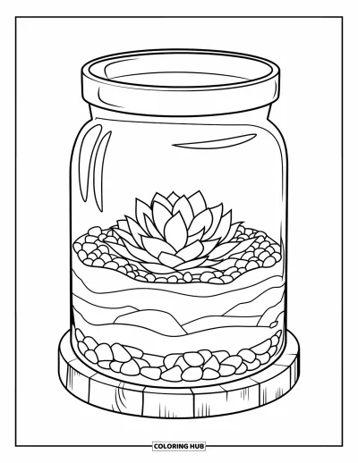 Coloriage de succulentes pour enfants : Un bocal de style terrarium avec de la terre, des cailloux et une succulente repose sur une plateforme en bois