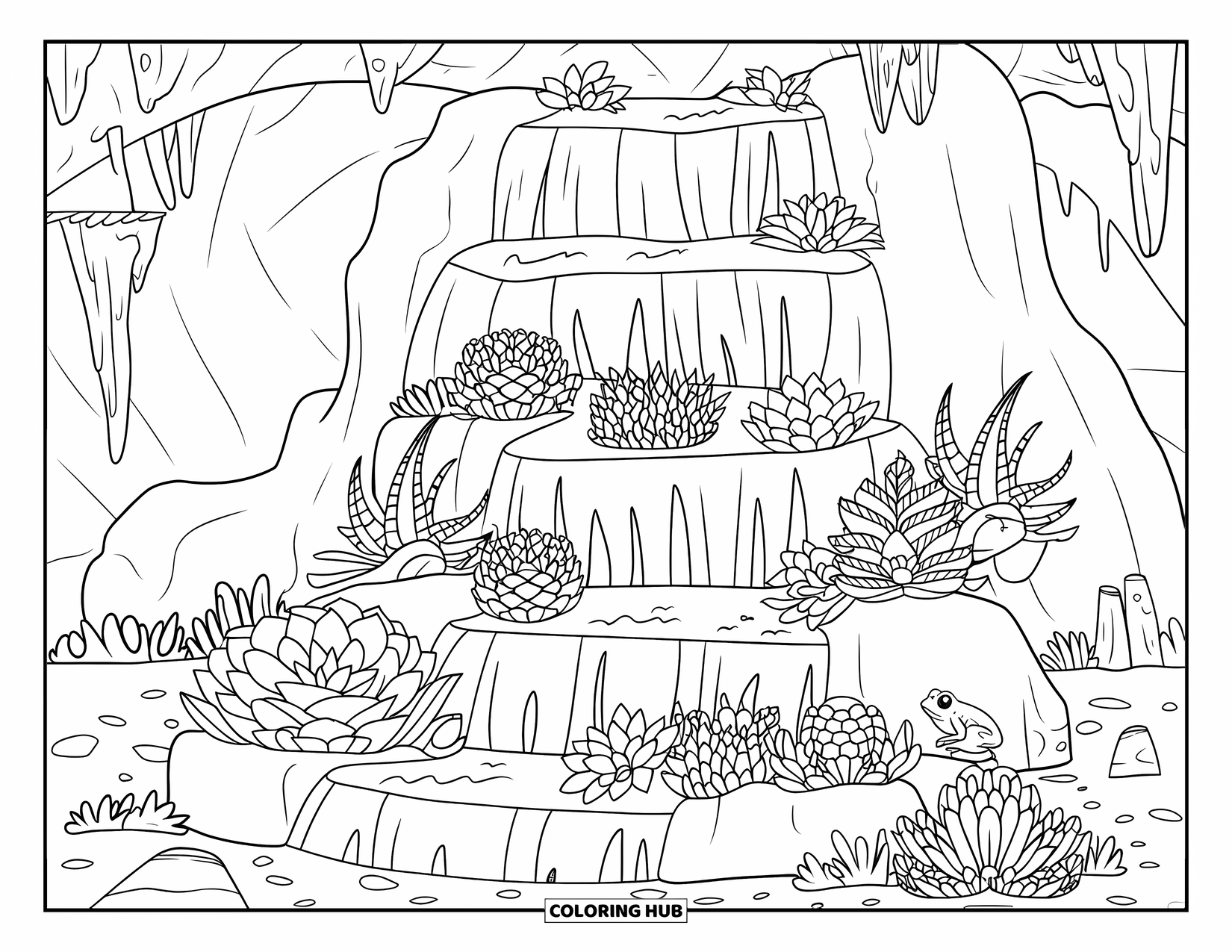 Vetplant Kleurplaat voor Kinderen: Een getrapte waterval versierd met vetplanten stroomt in een grot met stalactieten en stalagmieten