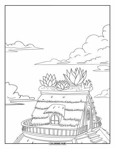 Coloriage de succulentes pour enfants : Une petite maison avec un jardin de succulentes sur le toit est assise sous un ciel dégagé