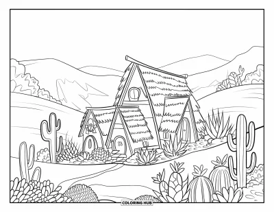 Coloriage de succulentes pour enfants : Un petit village avec des maisons et des succulentes est niché dans un paysage désertique vallonné