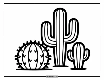 Coloriage de succulentes pour enfants : Un trio de cactus avec des crêtes incurvées est disposé de manière simple et ludique