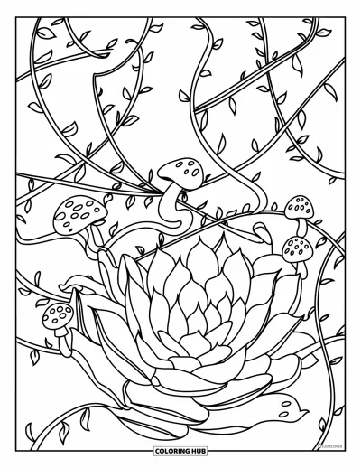 Coloriage de succulentes pour enfants : Une plante succulente torsadée avec des vignes délicates et de minuscules champignons crée une touche magique