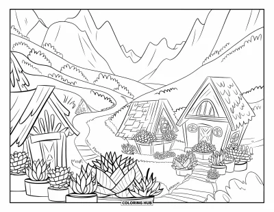 Coloriage de succulentes pour enfants : Un village de vallée avec des maisons en bois, des sentiers en pierre et des succulentes en pot crée une scène confortable