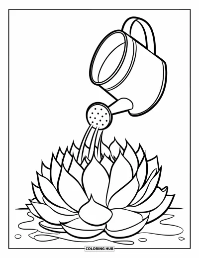Coloriage de succulentes pour enfants : Un arrosoir arrose une succulente vibrante avec de douces gouttes d’eau