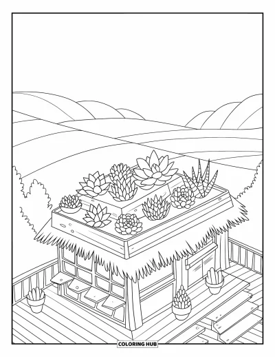 Coloriage de succulentes pour enfants : Une terrasse en bois entoure une petite maison avec une jardinière de succulentes sur le dessus