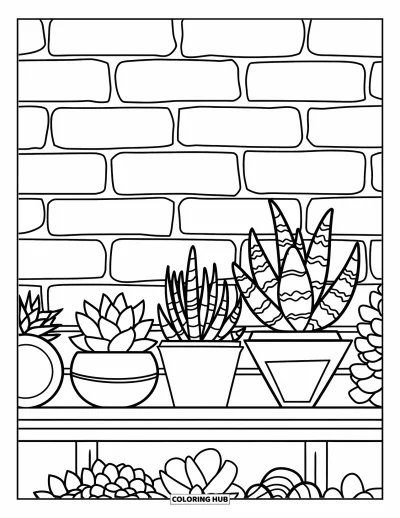 Coloriage de succulentes pour enfants : Une étagère en bois contient des pots de formes uniques, chacun avec une succulente différente