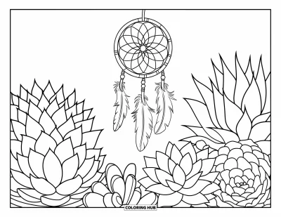 Coloriage de succulentes pour enfants : Un attrape-rêves tissé avec des plumes pendantes flotte au-dessus d’un arrangement de succulentes florissant