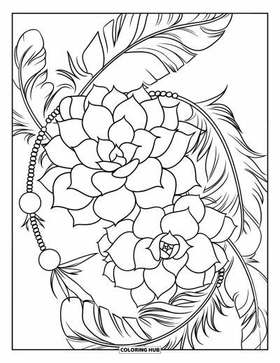 Coloriage de succulentes pour enfants : Des succulentes audacieuses, des plumes fluides et des perles pendantes forment une scène bohème unique