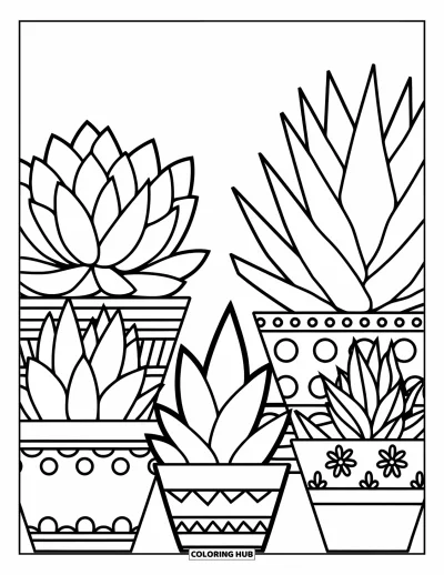 Coloriage de succulentes pour enfants : Des succulentes dans des pots rayés, à pois et floraux sont assises soigneusement en rangée