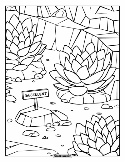 Coloriage de succulentes pour enfants : Des succulentes à feuilles épaisses poussent parmi des pierres avec un panneau en bois marquant le jardin