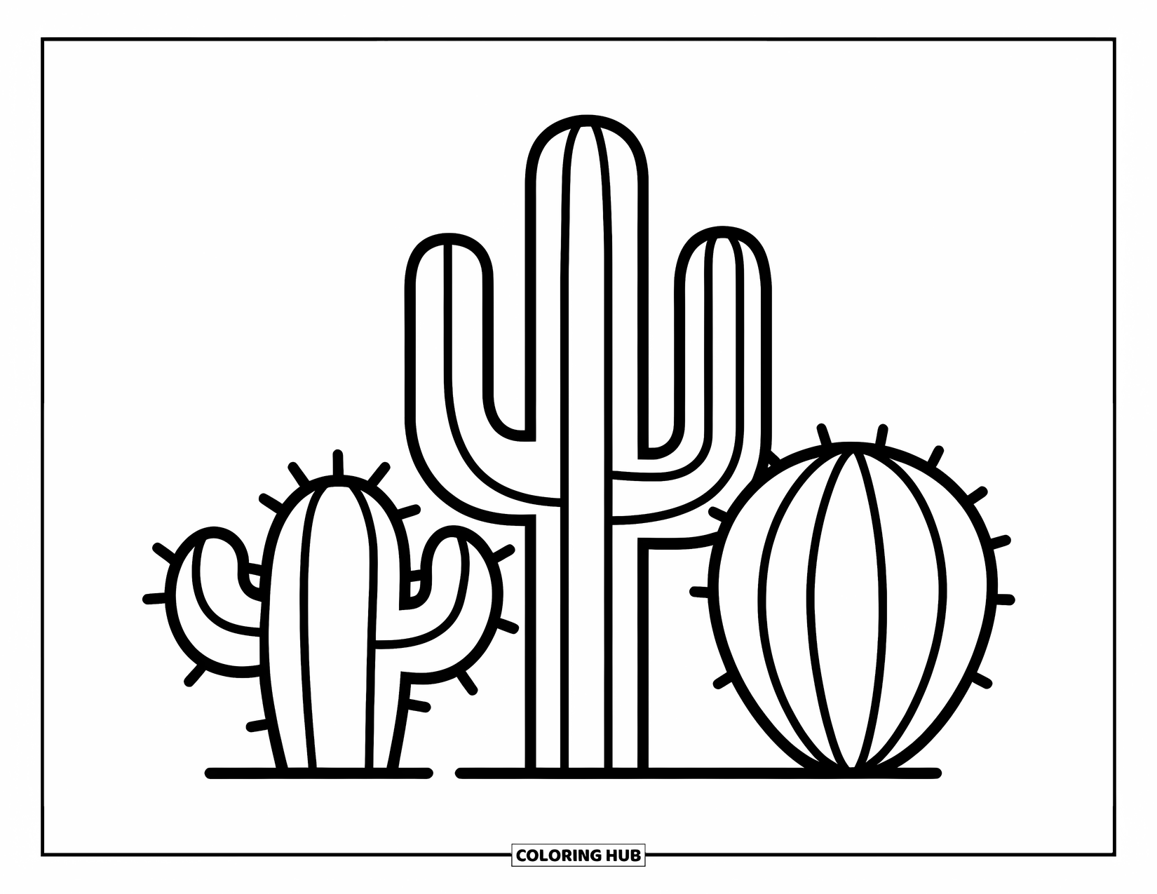 Vetplant Kleurplaat voor Kinderen: Drie mollige cactussen met gedurfde contouren glimlachen speels op een blanco achtergrond