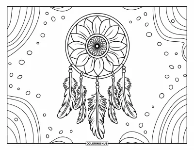 Napraforgó kifestő felnőtteknek: Álomfogó napraforgóval a tetején, tollakkal, gyöngyökkel és áramló indákkal díszítve