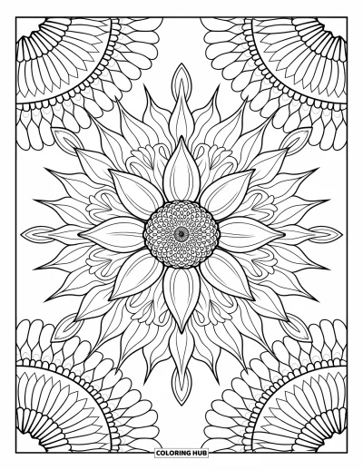 Napraforgó kifestő felnőtteknek: Napraforgó bonyolult mandala-mintáktól övezve, finom vonalakkal és szimmetrikus díszítéssel