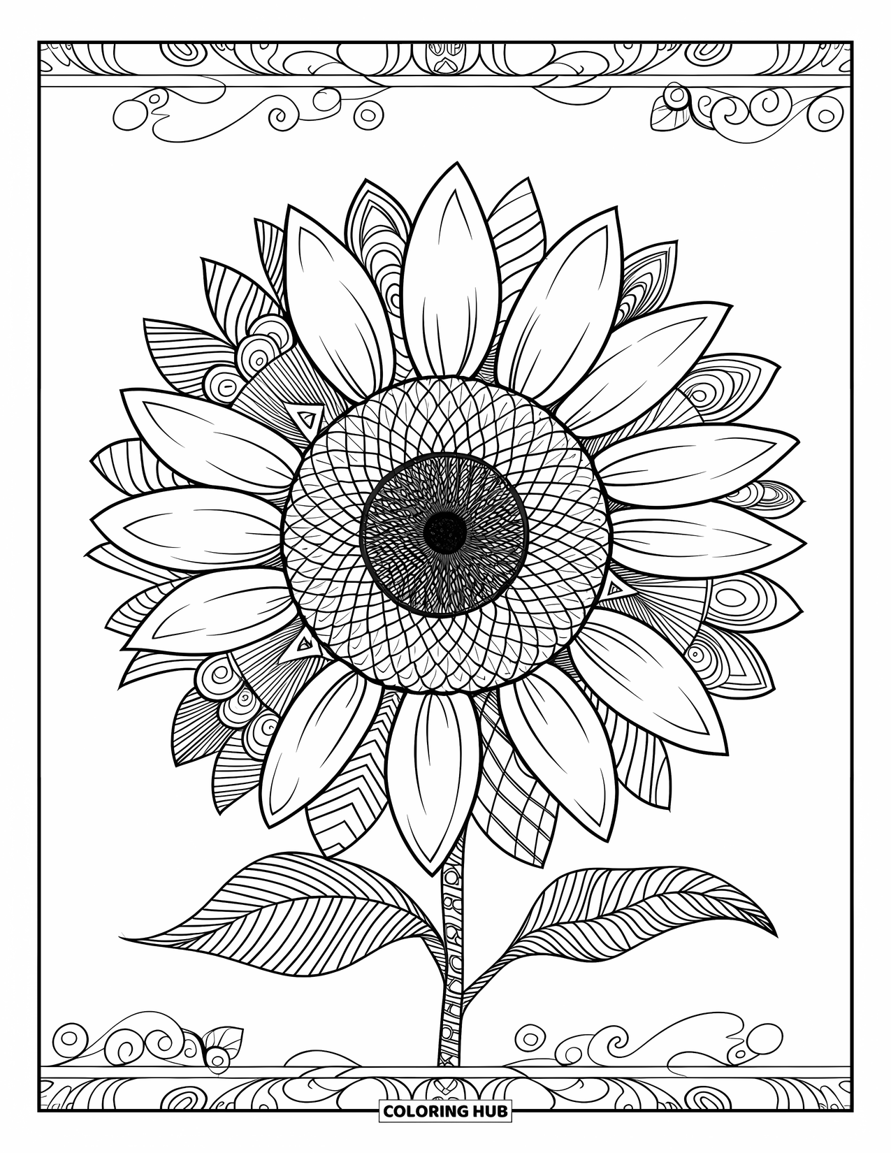 Kolorowanka ze słonecznikiem dla dorosłych: Słonecznik ze szczegółowymi wzorami Zentangle, otoczony ozdobnymi spiralami i geometrycznymi wzorami