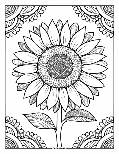 Napraforgó kifestő felnőtteknek: Napraforgó Zentangle-ihletésű mintákkal minden szirmában, művészi részletekkel övezve