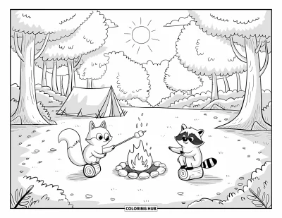 Omalovánka slunečného dne pro dospělé: Malá lištička a mýval opékají marshmallows nad ohništěm v klidném lese