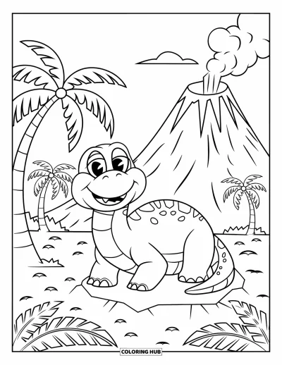 Omalovánka slunečného dne pro děti: Veselý dinosaurus odpočívá na skále, zatímco v dálce kouří sopka