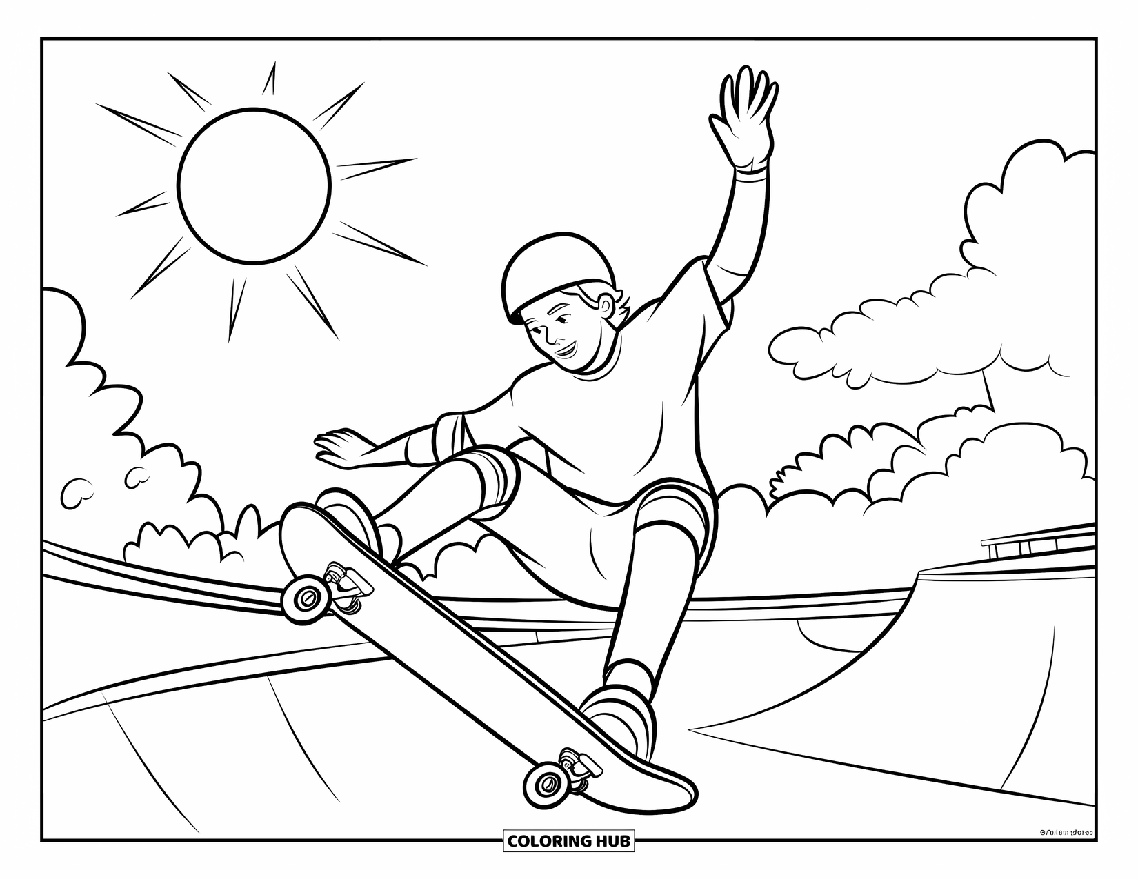 Kolorowanka Słoneczny Dzień dla Dzieci: Skateboarder wykonuje trik w powietrzu w skate parku pod jasnym słońcem