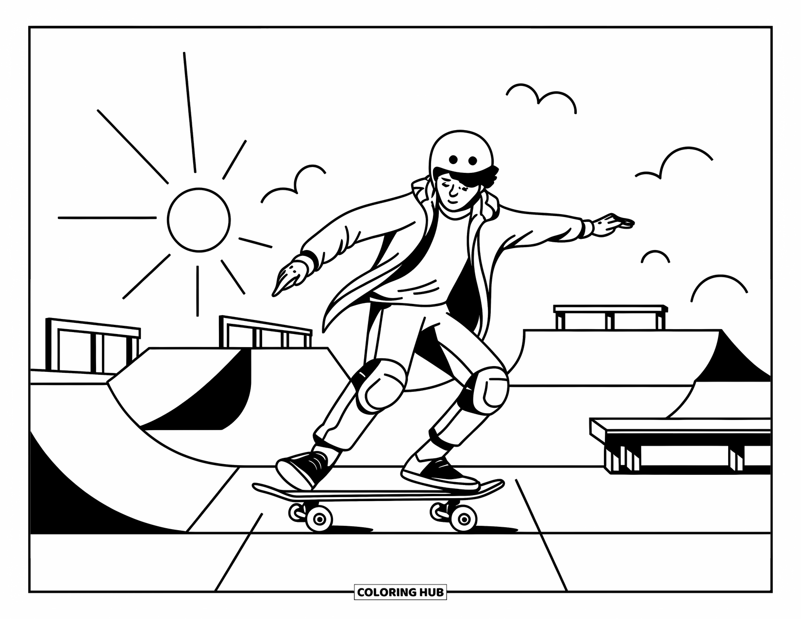 Kolorowanka Słoneczny Dzień dla Dzieci: Skateboarder w kasku i kurtce wykonuje trik w tętniącym życiem skate parku