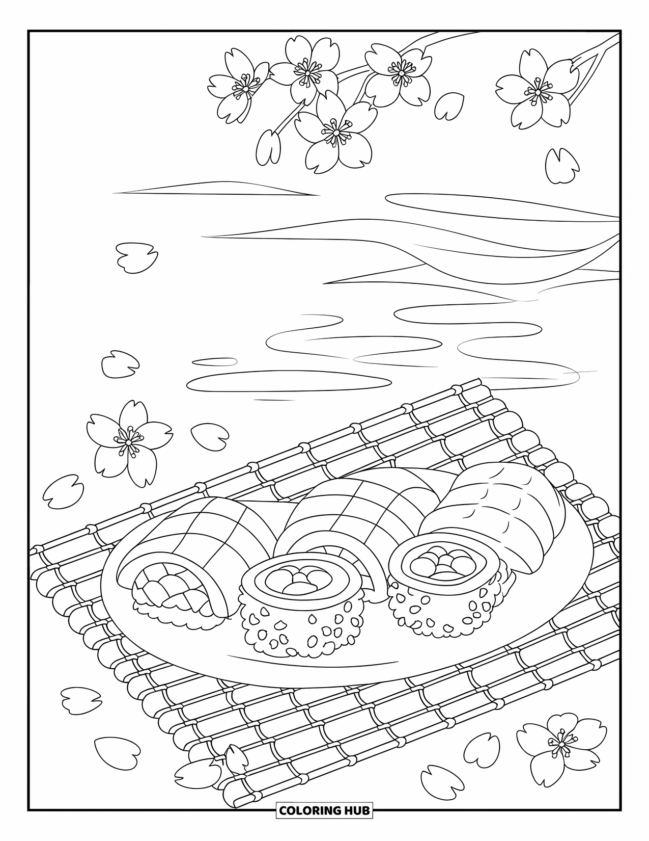 Sushi Coloring Page for Adults: A bamboo mat with a beautifully arranged sushi platter, surrounded by cherry blossoms