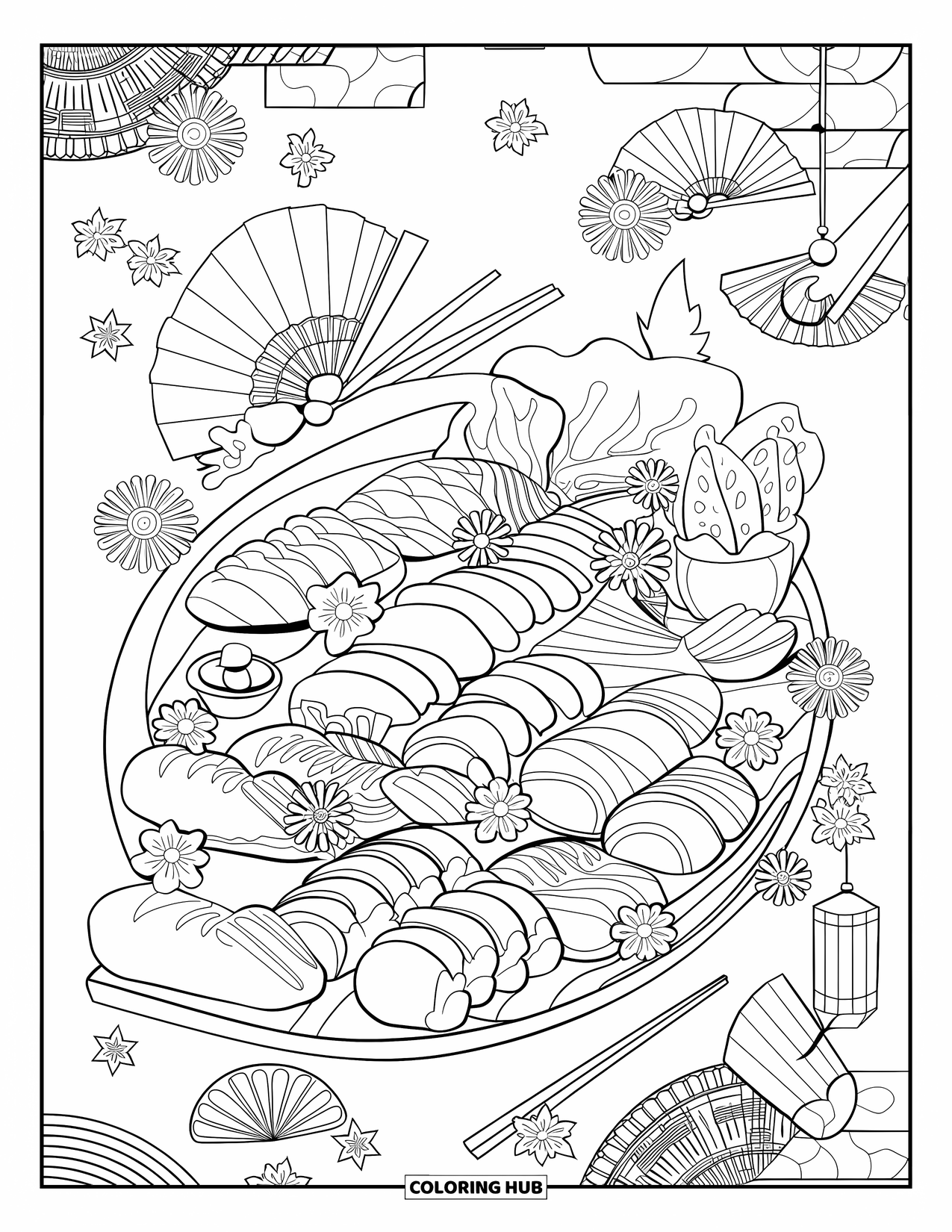 Sushi Coloring Page for Adults: A beautifully arranged sushi platter with floral decorations and traditional elements