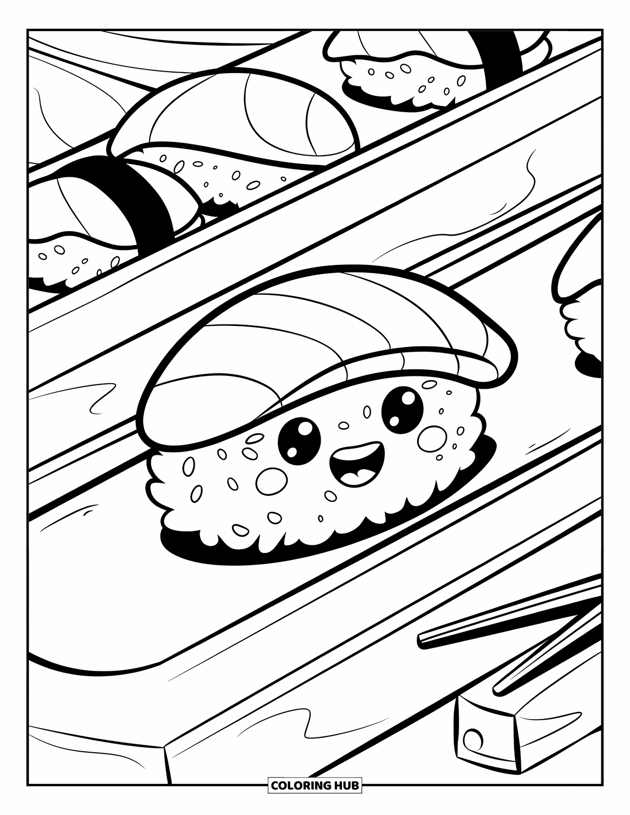 Sushi Coloring Page for Adults: A cheerful nigiri sushi riding a conveyor belt, excited for its sushi journey