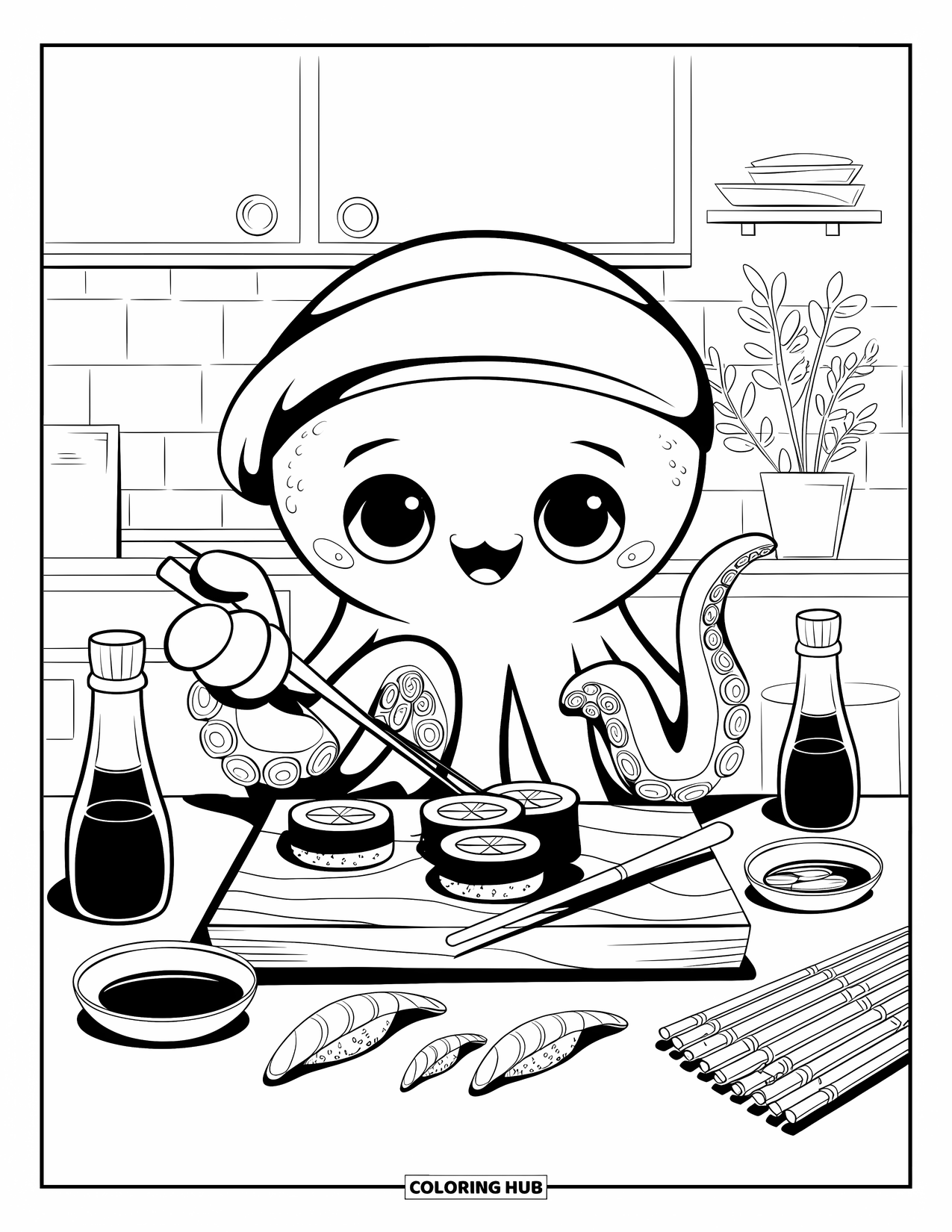 Sushi Coloring Page for Adults: A cheerful octopus making sushi with its tentacles, in a cozy kitchen setting