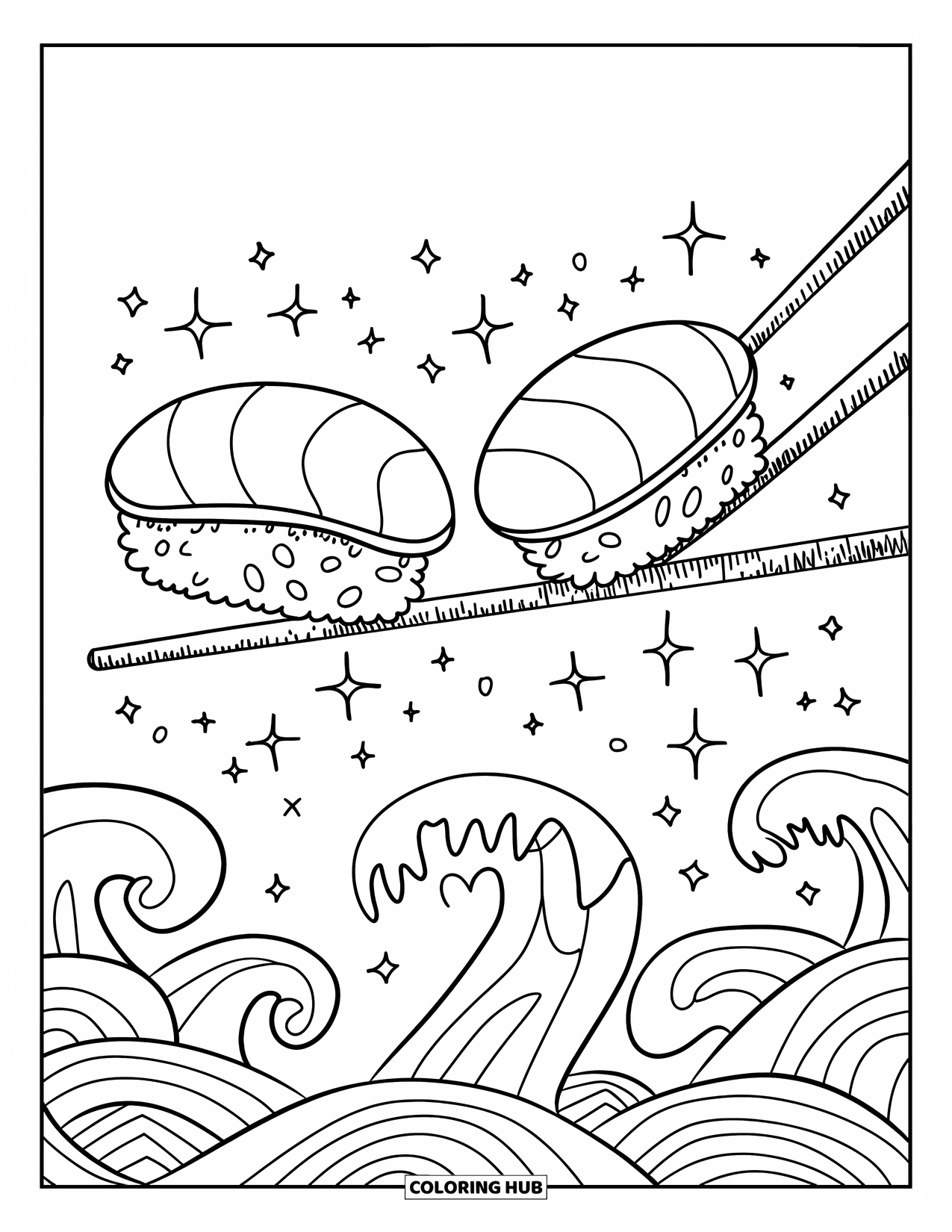 Sushi Coloring Page for Adults: A cute sushi duo holding hands as they joyfully glide down a rainbow-shaped chopstick
