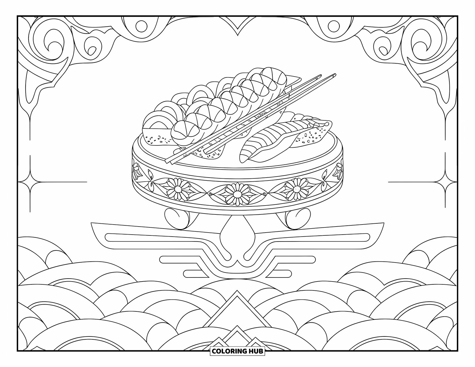 Sushi Coloring Page for Adults: A finely detailed sushi platter with elegant engravings, designed for relaxation