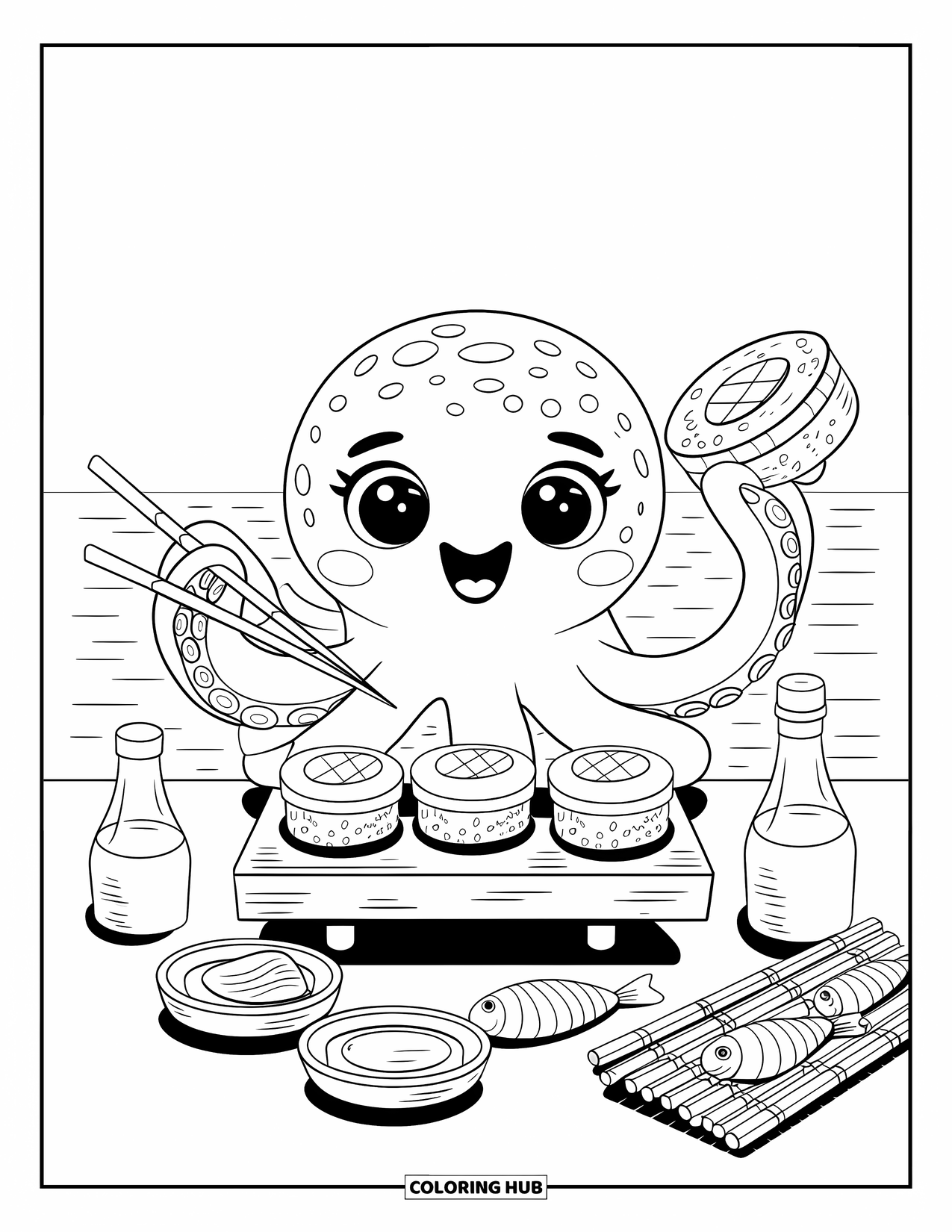Sushi Coloring Page for Adults: A joyful sushi chef octopus preparing sushi, surrounded by soy sauce bottles and a rolling mat