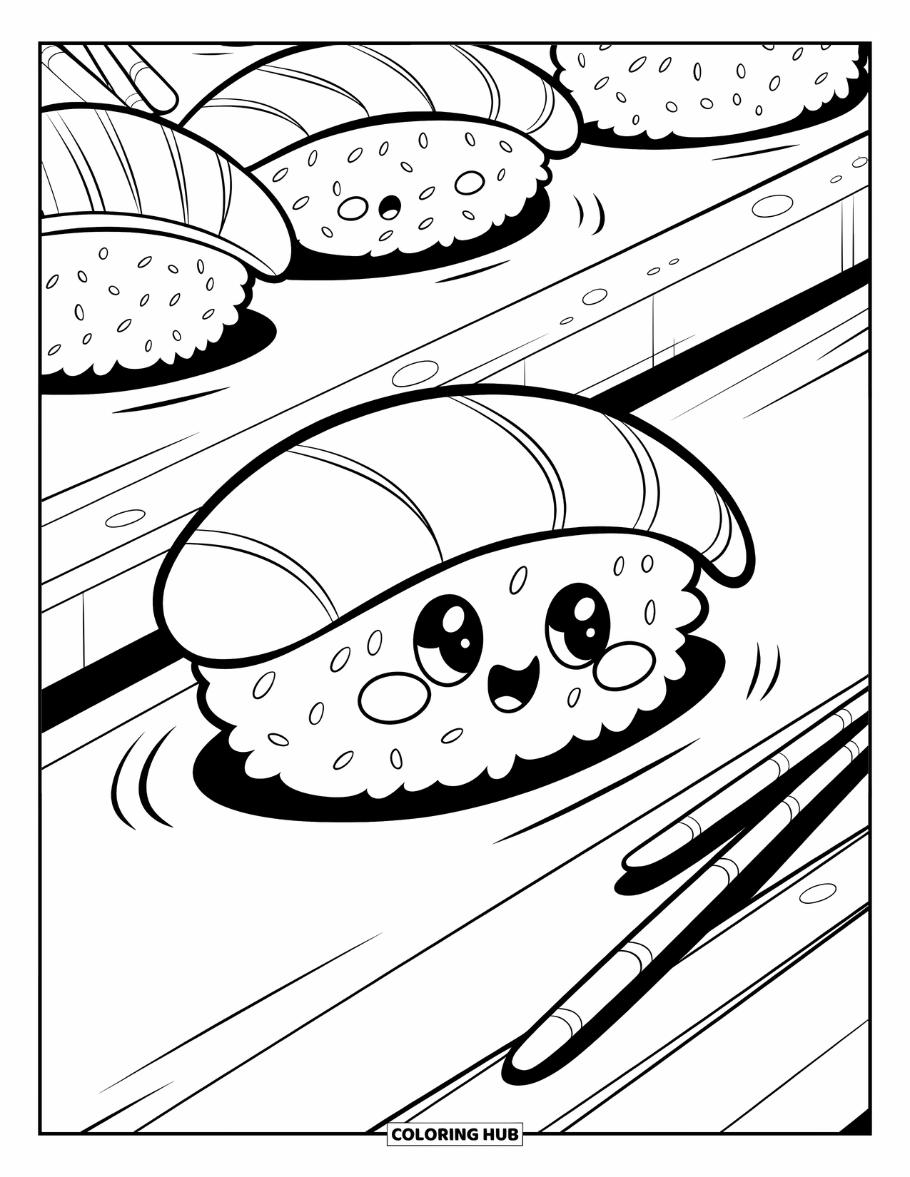 Sushi Coloring Page for Adults: A joyful sushi waiting for its turn on the conveyor belt, surrounded by other sushi pieces