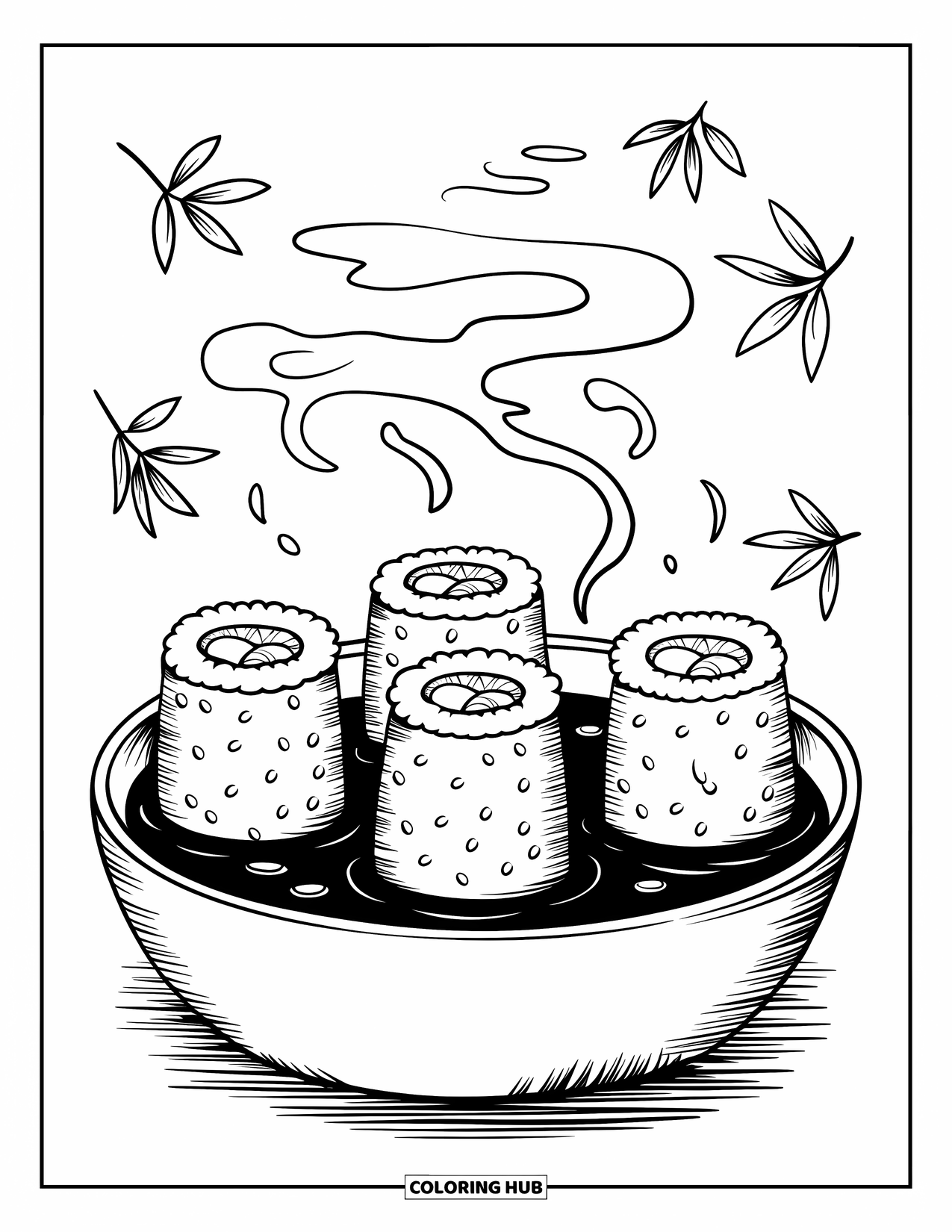 Sushi Coloring Page for Adults: A playful hot spring with maki sushi soaking in a soy sauce dish, surrounded by floating bamboo leaves