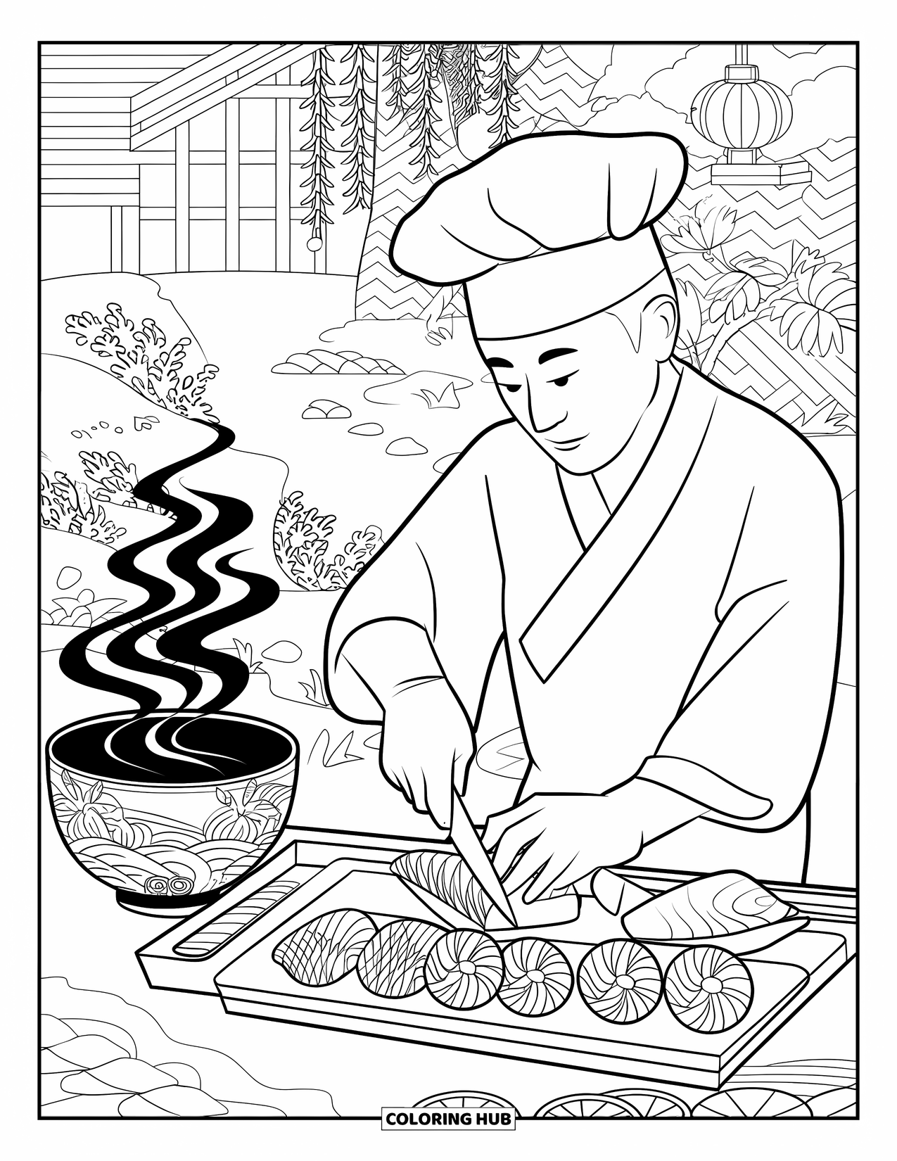 Sushi Coloring Page for Adults: A skilled sushi chef slicing fresh fish, with miso soup steam swirling in the background