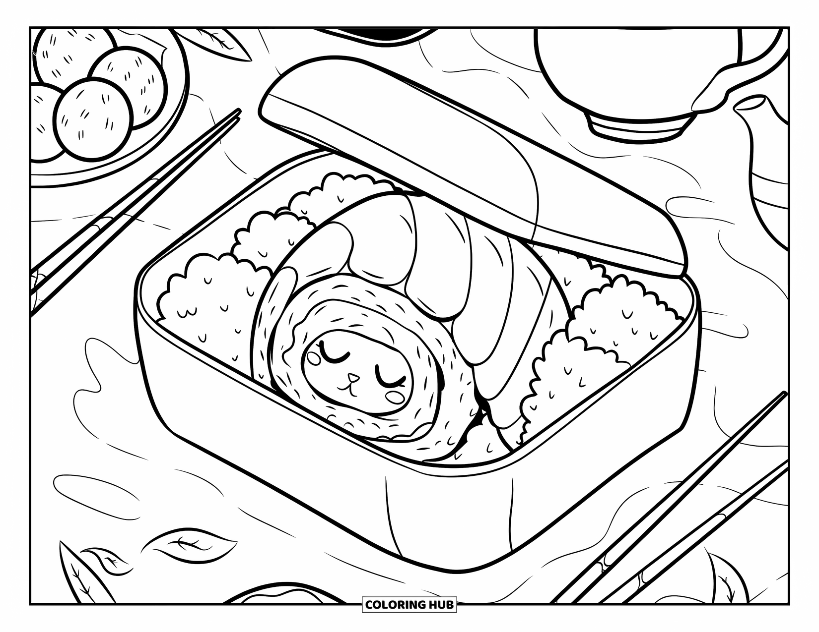 Sushi Coloring Page for Adults: A sleepy sushi roll tucked under seaweed in a warm bento box, with a teapot and chopsticks nearby
