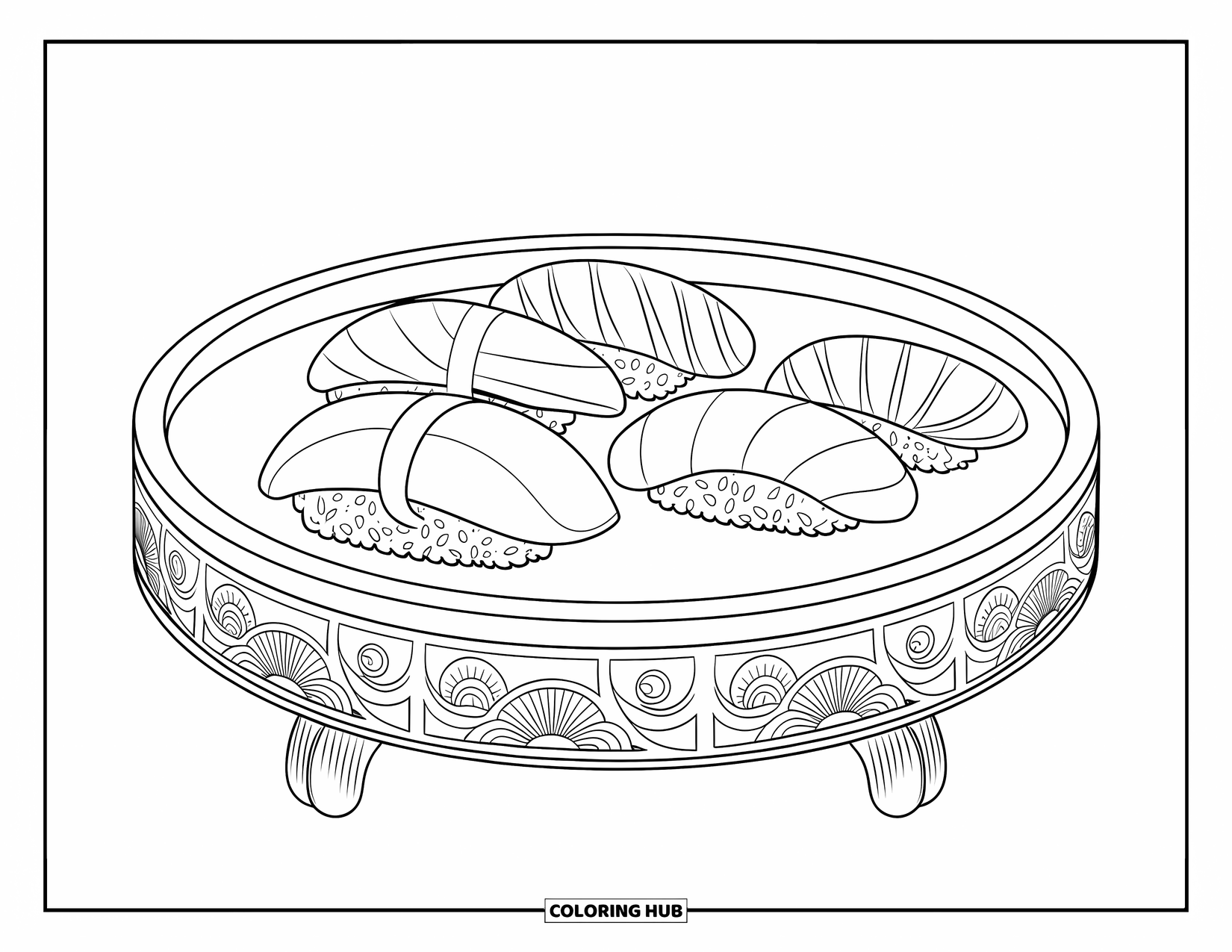 Sushi Coloring Page for Adults: A sophisticated sushi platter with intricate engravings on a meditative serving tray