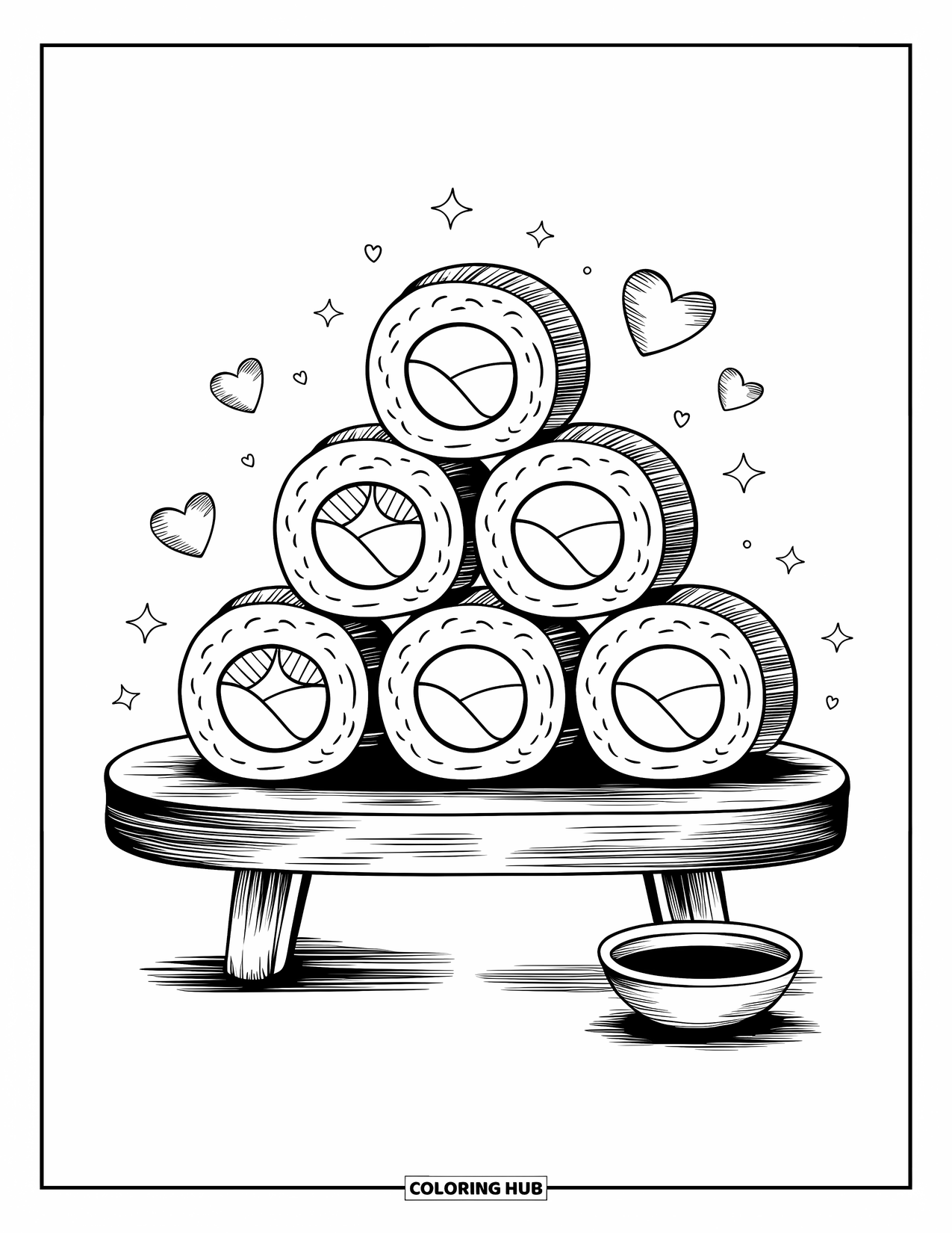 Sushi Coloring Page for Adults: A stack of sushi rolls forming a playful pyramid on a wooden platter, with sparkles in the background