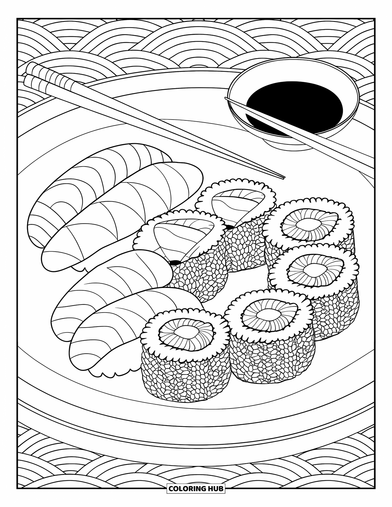 Sushi Coloring Page for Adults: A sushi assortment with finely detailed textures, served with soy sauce and elegant chopsticks