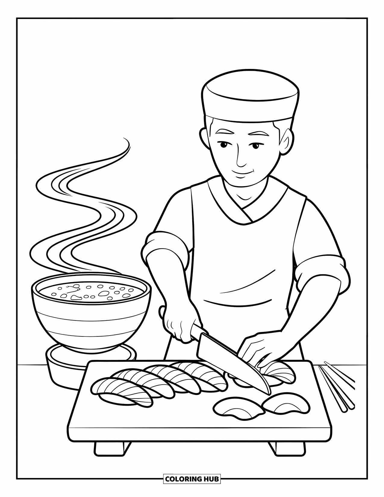Sushi Coloring Page for Adults: A sushi chef in action, carefully arranging sushi while steam rises from a miso soup bowl
