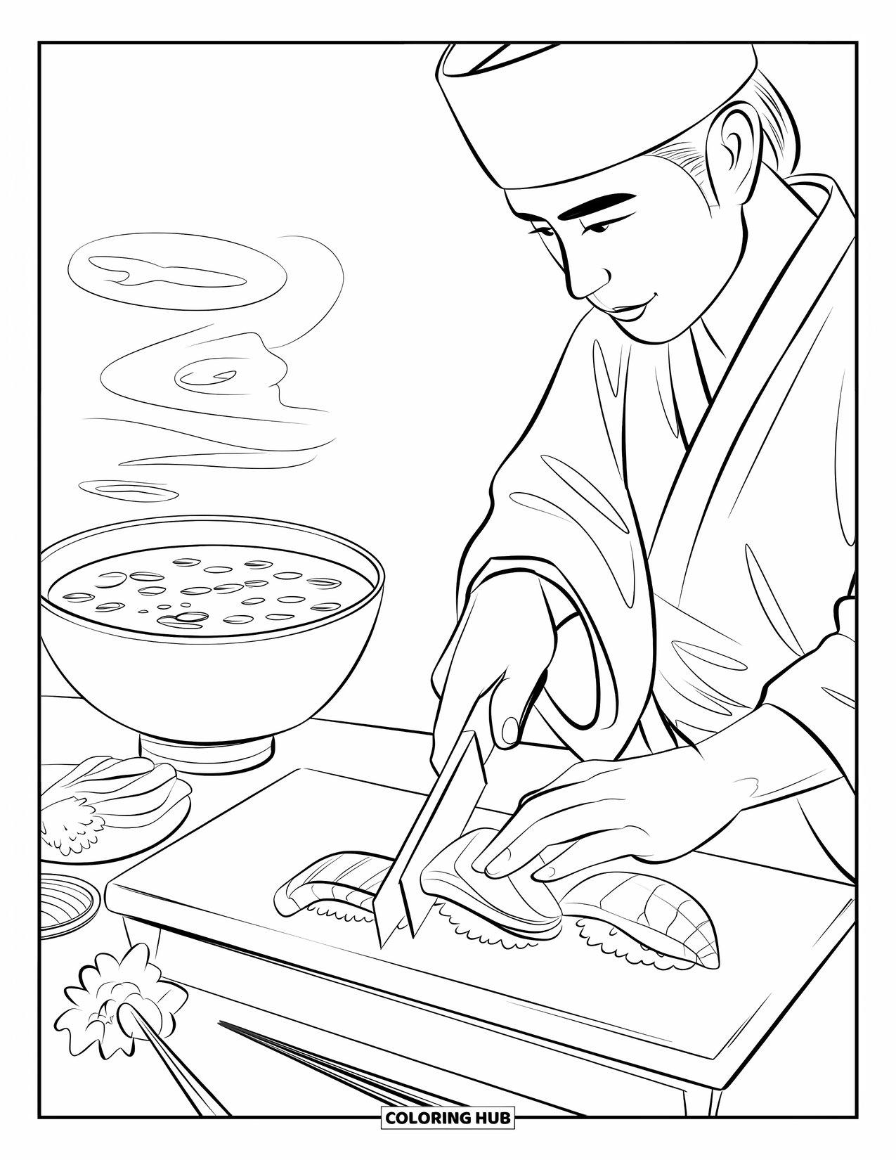 Sushi Coloring Page for Adults: A sushi chef preparing fresh sushi on a wooden board, with a serene background