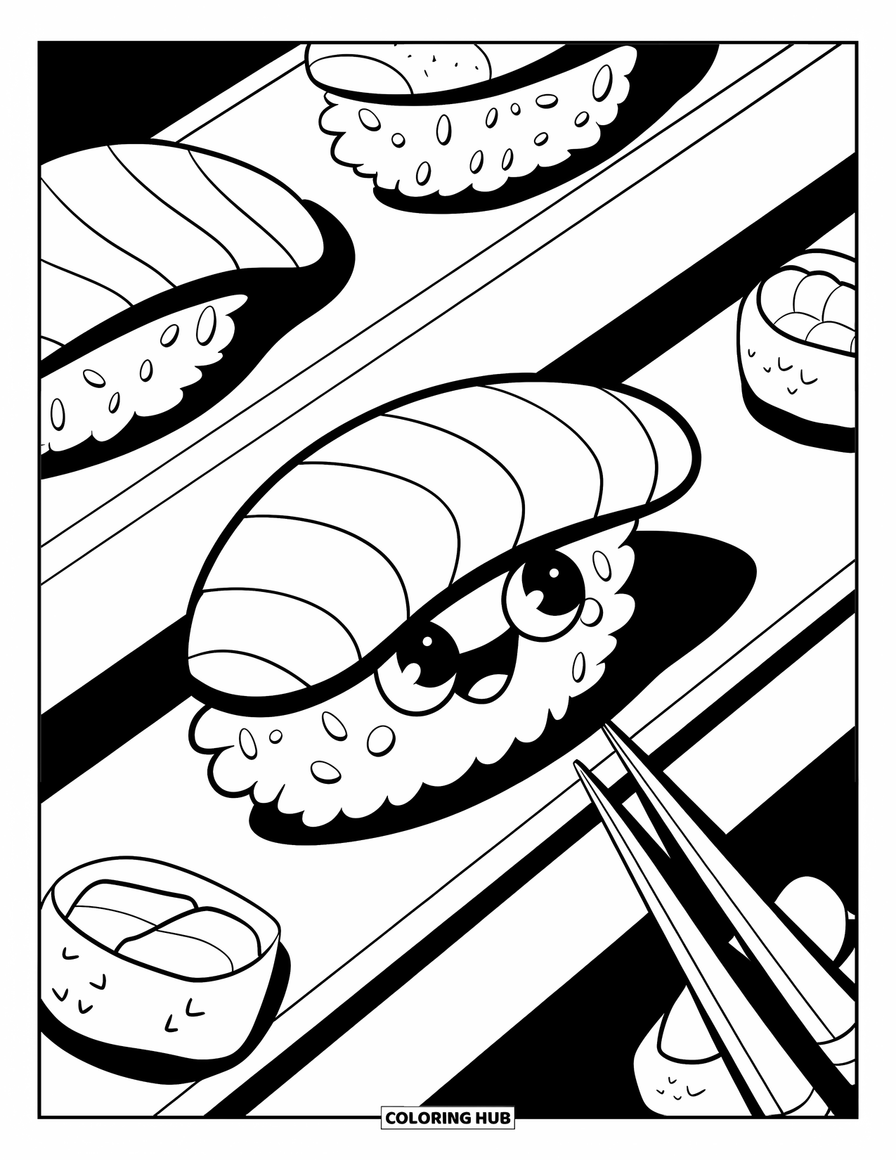 Sushi Coloring Page for Adults: A sushi conveyor belt adventure with happy nigiri sushi and tiny chopsticks resting nearby