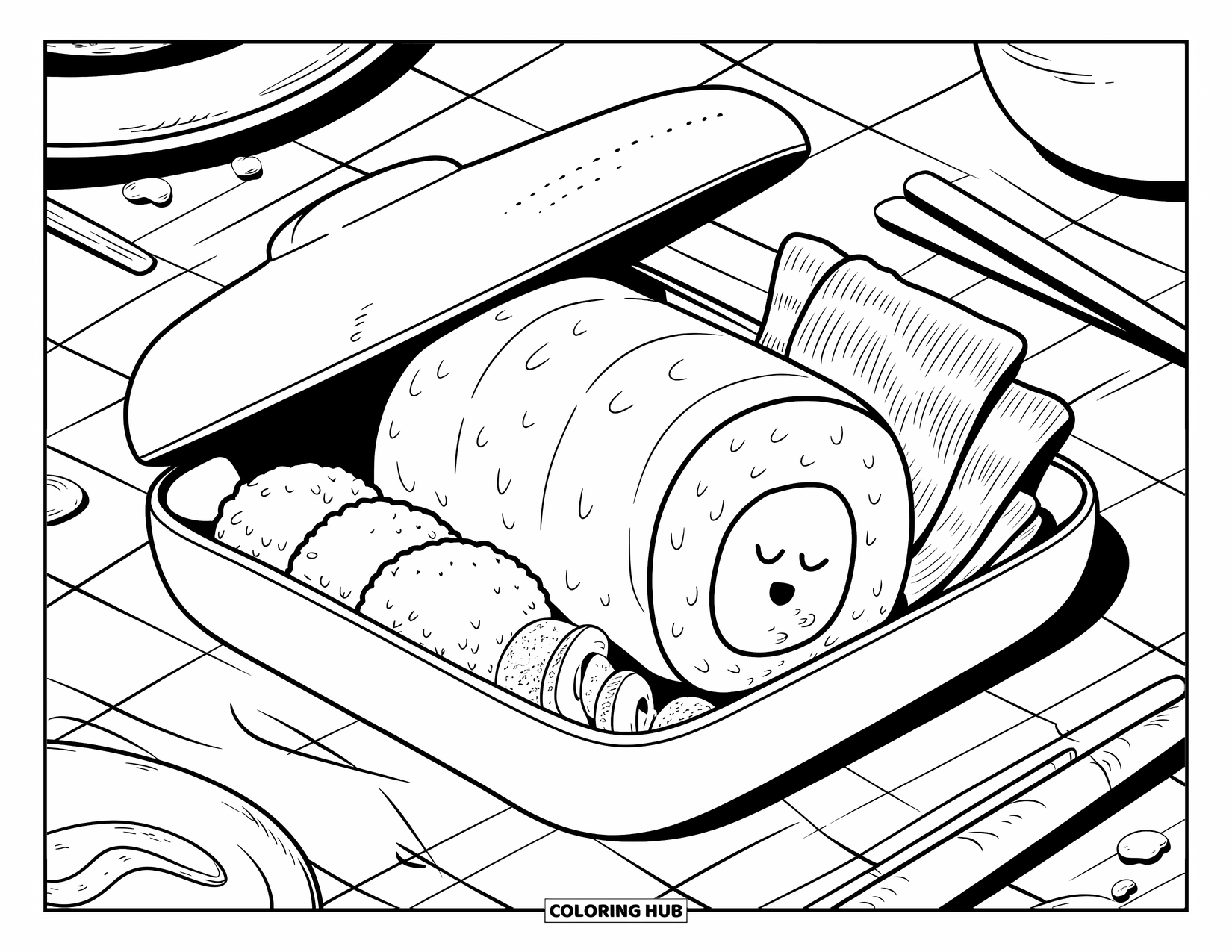 Sushi Coloring Page for Adults: A sushi roll taking a nap inside a cozy bento box, nestled among other cute food items
