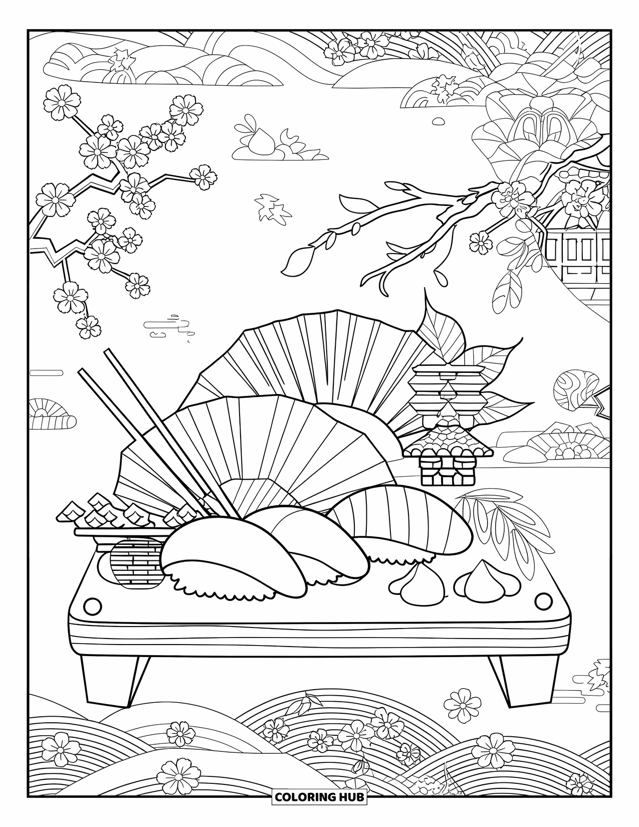 Sushi Coloring Page for Adults: A sushi set with intricate garnishes, cherry blossoms, and a serene Japanese backdrop